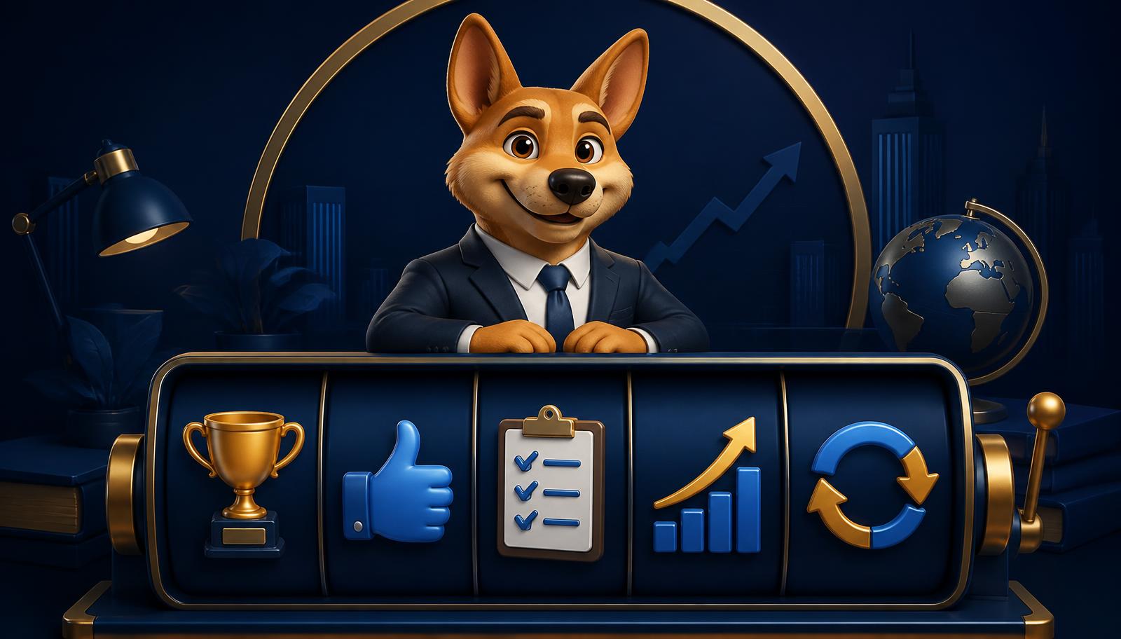 Linke Dingo: Circle Back Bonus key art — a dingo in a business suit above a slot reel of trophy, thumbs-up, checklist, chart and circle-back symbols